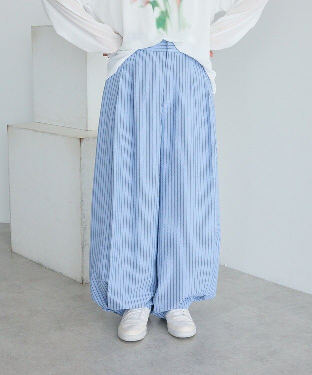 CRAFT STANDARD BOUTIQUE ベルトデザインワイドパンツ Stripe Sax