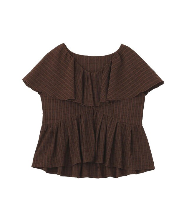 earth music&ecology チェックラッフルカラーペプラムカットブラウス Check Brown