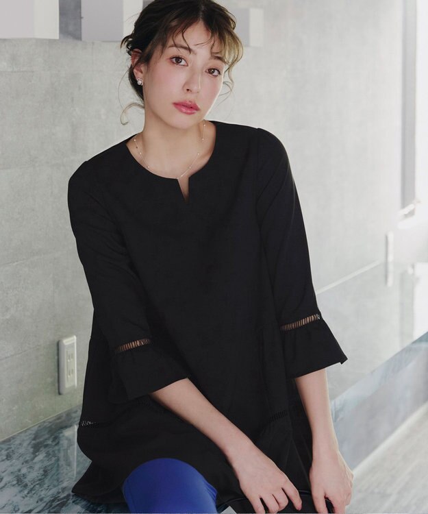 Tiaclasse L 【洗える】はしごレースフレアスリーブチュニックブラウス ブラック