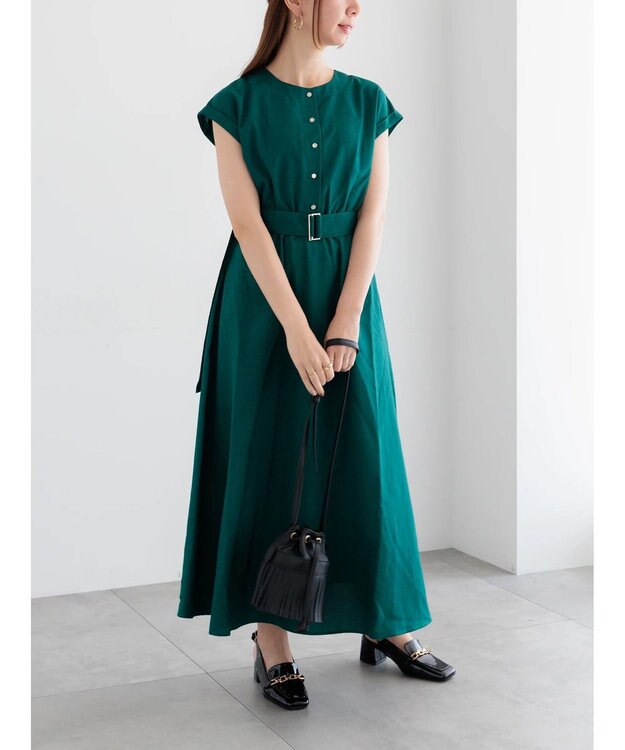 Te chichi リネンライクウエストマークワンピース グリーン