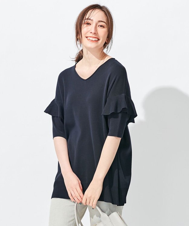 自由区 L 【洗える】ハイツイストコットンアセテート フリルデザインニット ネイビー系