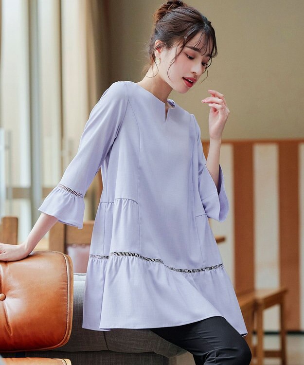 Tiaclasse L 【洗える】はしごレースフレアスリーブチュニックブラウス ラベンダー