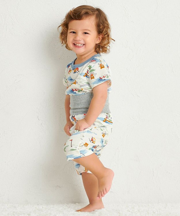 MIKI HOUSE HOT BISCUITS 【80-120cm】 リゾートビーンズ 腹巻き付き タック天竺素材 半袖パジャマ マルチカラー