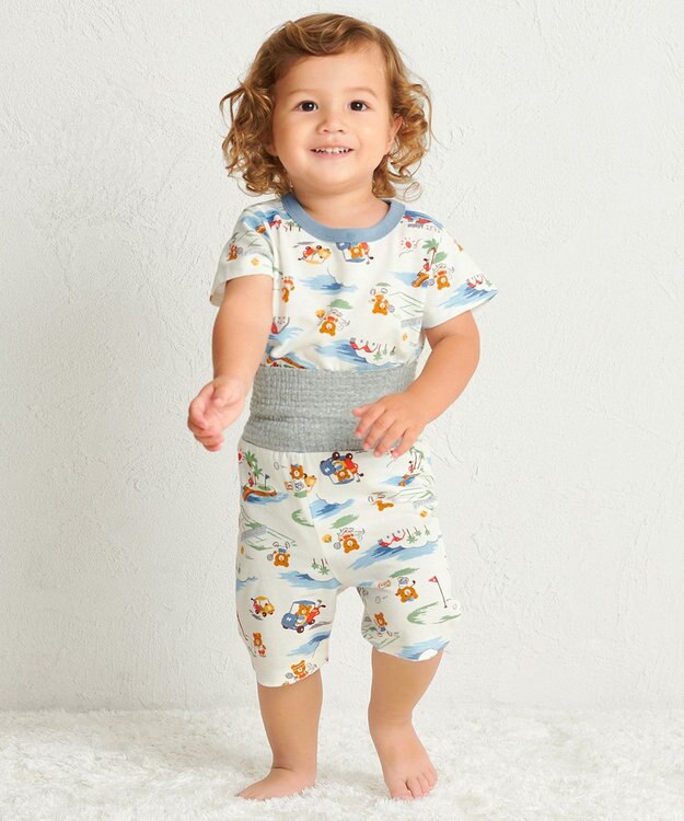 MIKI HOUSE HOT BISCUITS 【80-120cm】 リゾートビーンズ 腹巻き付き タック天竺素材 半袖パジャマ マルチカラー