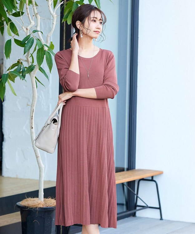 Tiaclasse L 【洗える】1枚で着映えするプリーツニットワンピース モーヴピンク