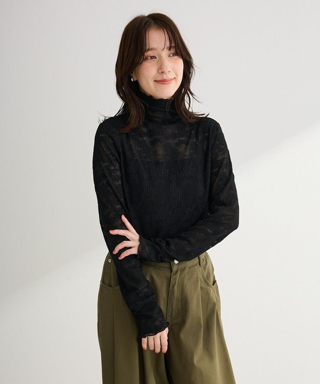 Green Parks プリーツレースハイネックプルオーバー Black