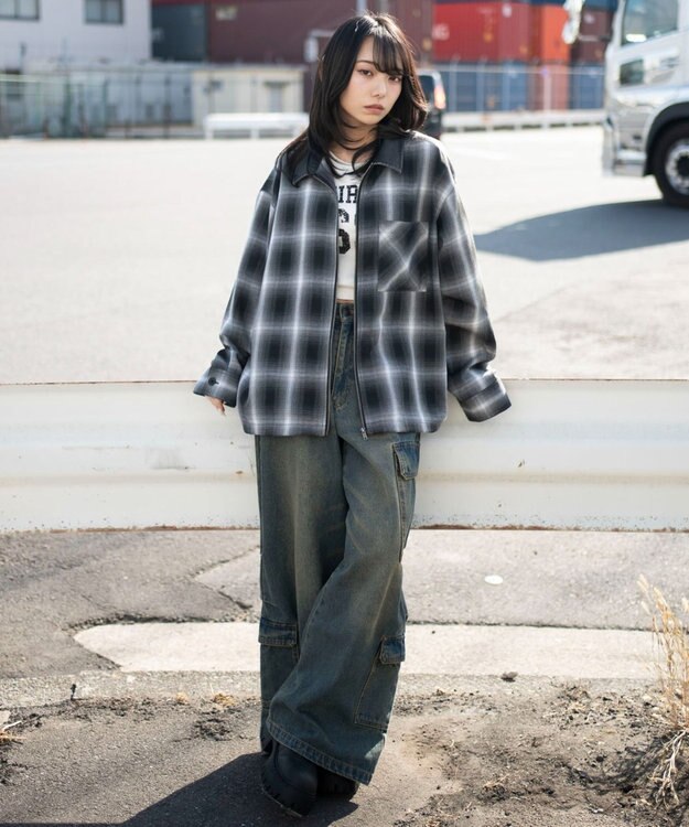 WEGO 【ユニセックス着用ITEM】オンブレチェックシャツジャケット ブラックチェック1