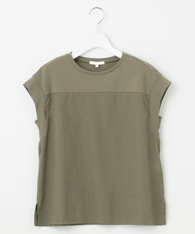 自由区 L 【カタログ掲載・洗える】リネンサッカーコンビブロッキング カットソー オリーブ