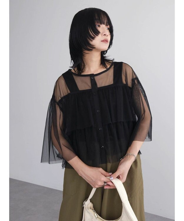 Green Parks ・ＳＵＧＡＲ　ＳＰＯＯＮ　チュールティアードブラウス Black