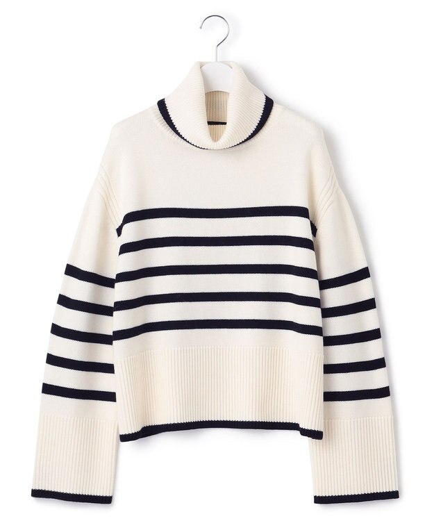 23区 【洗える】ウールミドルゲージ ボーダー ニット オフ×ブラックボーダー