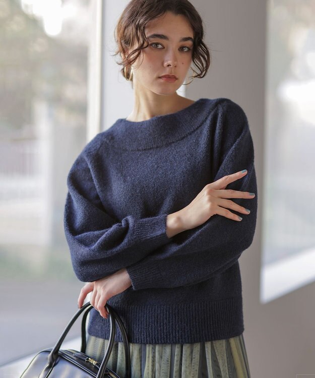 組曲 L へアリーヤーンボートネック ニット ネイビー系