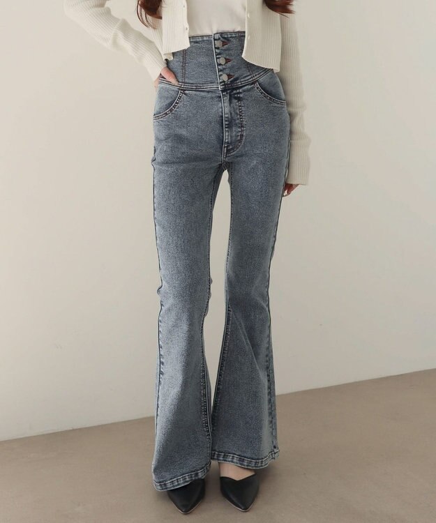 WEGO 【ストレッチ/美脚/脚長シルエット/XSSMサイズ展開】ハイウエストストレッチフレアデニムパンツ デニム中濃加工色