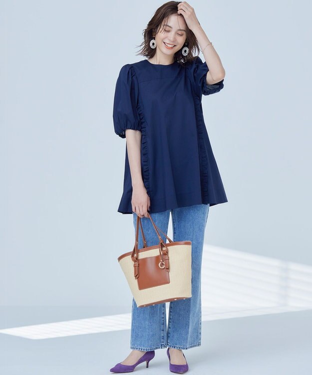 組曲 コットンローン ボリュームスリーブブラウス ネイビー系