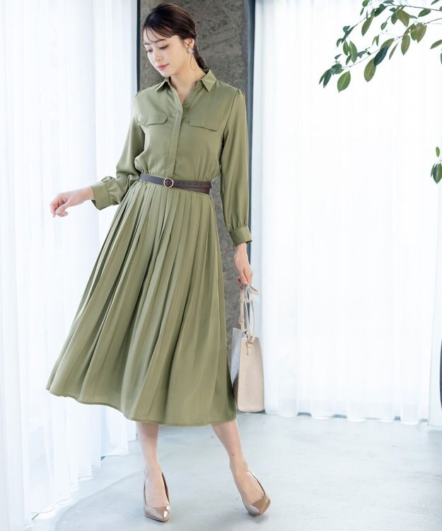 Tiaclasse L 【洗える】ヴィンテージサテンシャツワンピース カーキ