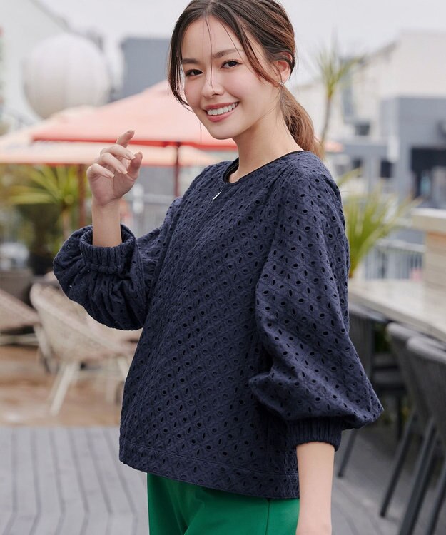 Tiaclasse L 【洗える】パンチングレースブルゾン ネイビー