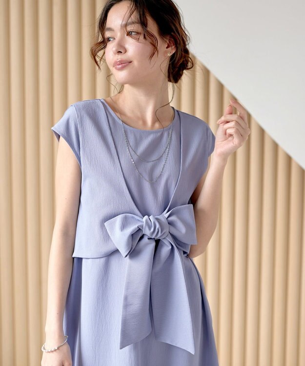 Tiaclasse L 【2WAY・洗える】ウエストリボンフレンチスリーブマキシワンピース ブルー
