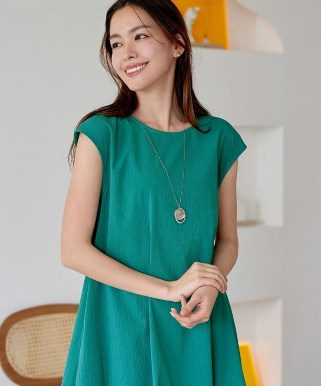 Tiaclasse L 【2WAY・洗える】ウエストリボンフレンチスリーブマキシワンピース グリーン