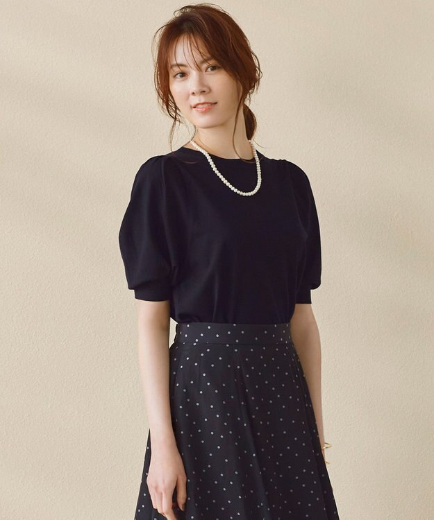 23区 ヴィスコースストレッチ パフスリーブ 半袖 ニット ネイビー