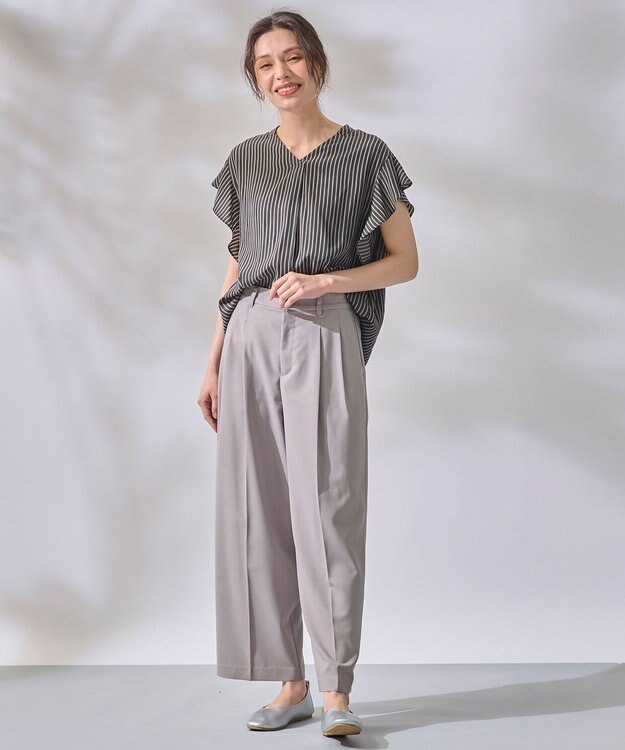 ANY L 【洗濯機可能】マットビンテージサテンブラウス ブラウンストライプ