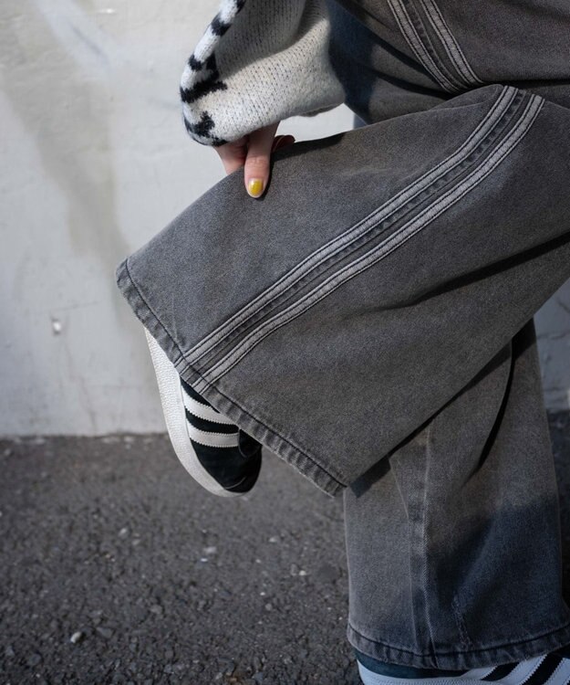 WEGO サイドラインワイドデニムパンツ スミクロ