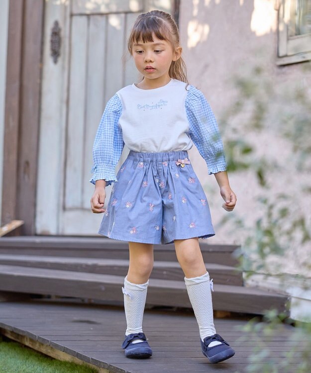 ANY KIDS フラワー 刺繍 キュロット デニムブルー