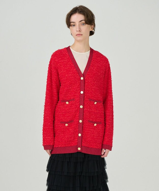 GRACE CONTINENTAL ツイードバイカラーニットカーディガン レッド