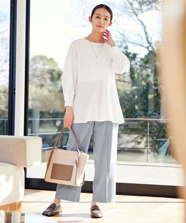 J.PRESS LADIES 【洗える】T/Rシャークスキン セミワイド パンツ ダルブルー系