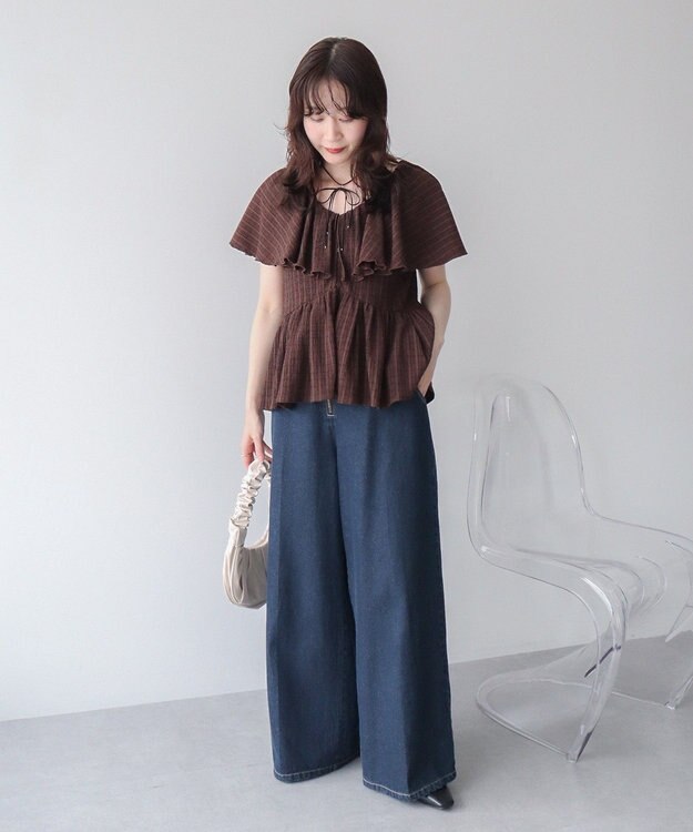 earth music&ecology チェックラッフルカラーペプラムカットブラウス Check Brown
