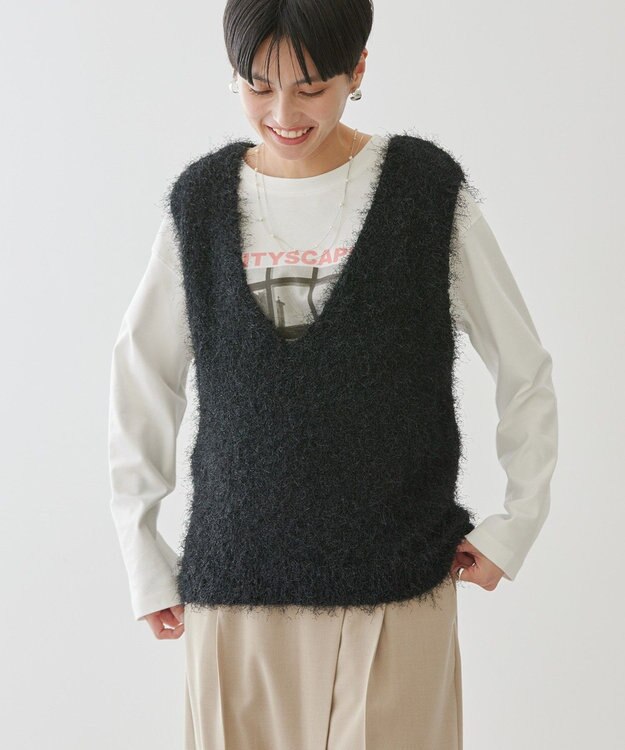 AMERICAN HOLIC 選べる丈２サイズ前後２ｗａｙシャギーベスト Black