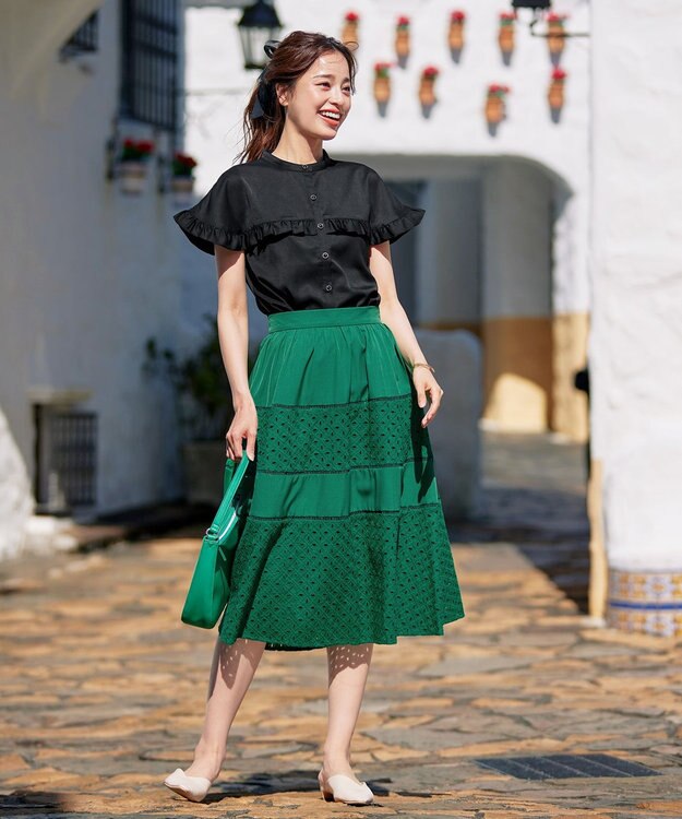 Tiaclasse L 【新色追加・洗える】幅広く活躍が期待できるレース切替スカート グリーン