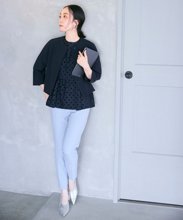 #Newans 【洗濯機可】ジャガ―ドドットペプラムブラウス ネイビー