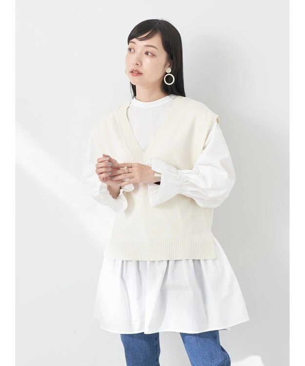 earth music&ecology ＳＥＴ２点Ｖネックベスト＋スタンドカラーチュニック Ivory