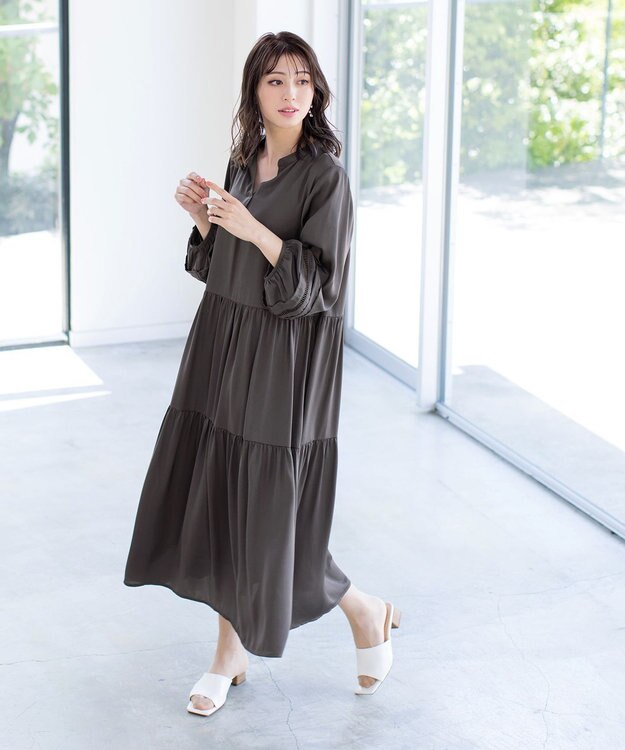 Tiaclasse 【洗える】大人可愛いティアードワンピース チャコールグレー