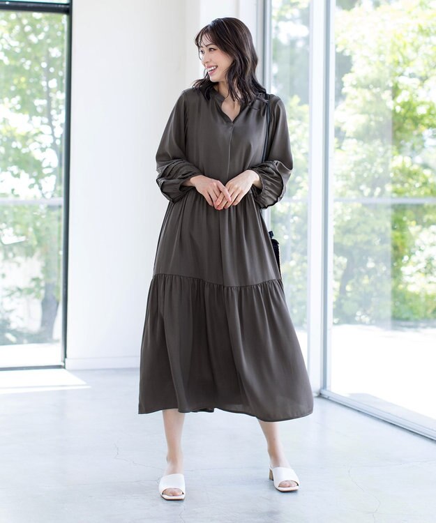 Tiaclasse 【洗える】大人可愛いティアードワンピース チャコールグレー