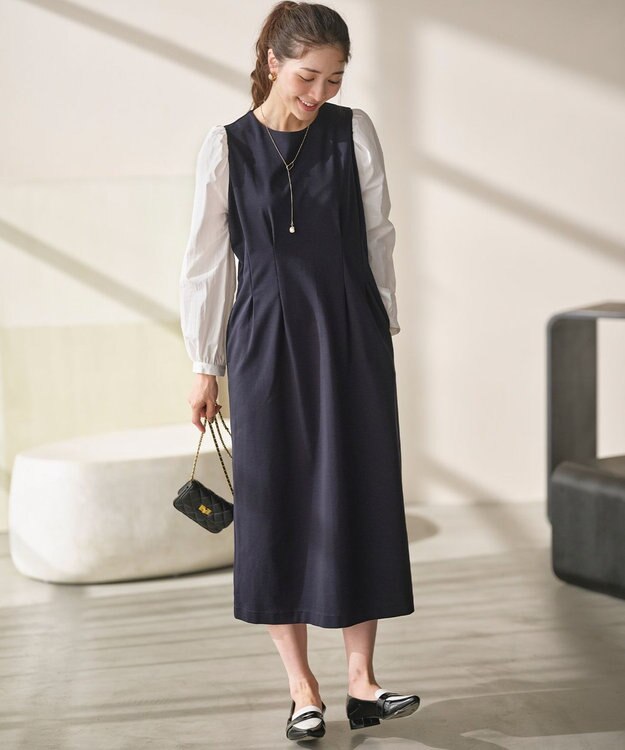 組曲 シャツスリーブポンチ ワンピース ネイビー×オフ系