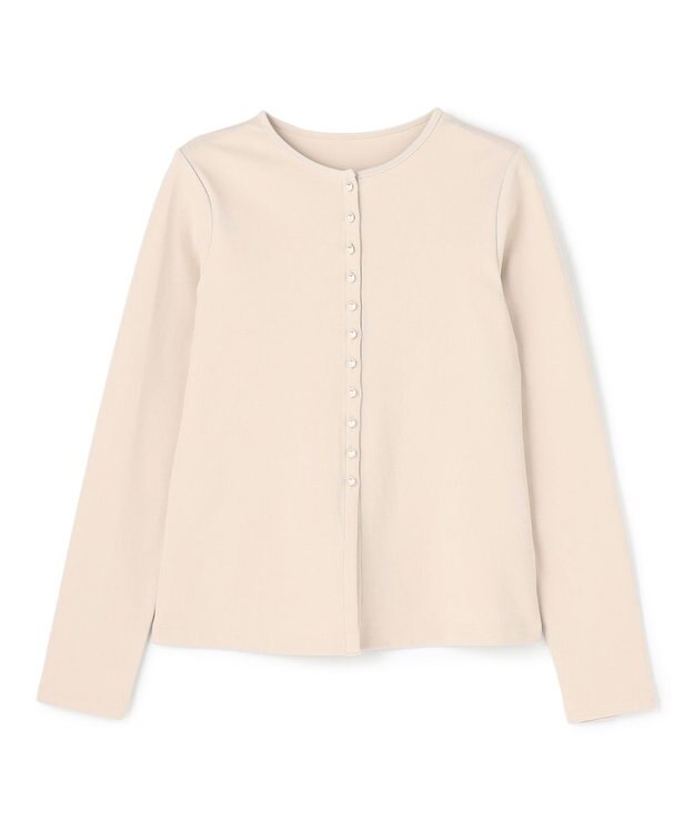 UNFILO ドライタッチリブ カーディガン ベージュ×パールボタン