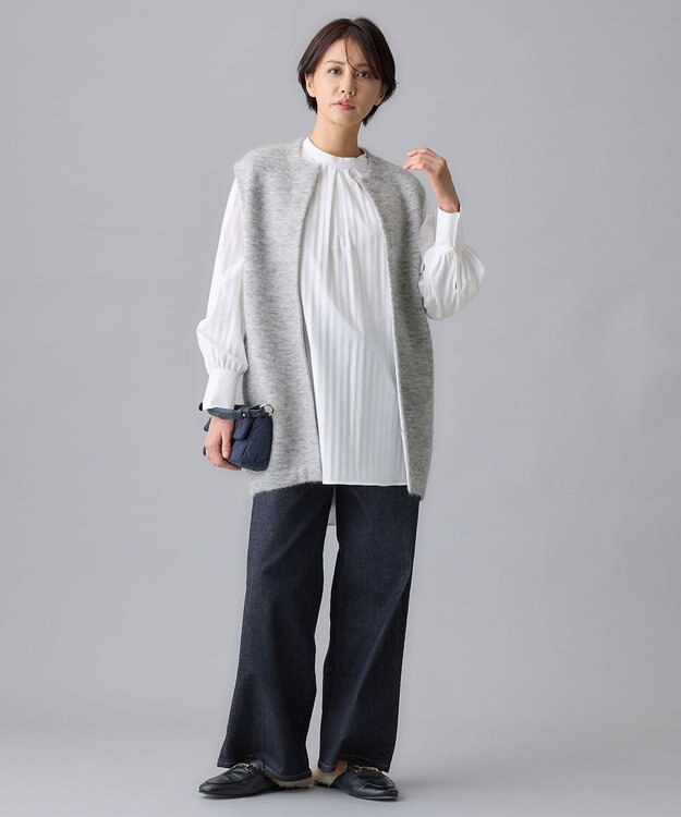 自由区 【洗える】ストレッチシャーティングスタンドカラーストライプ ブラウス アイボリー系1