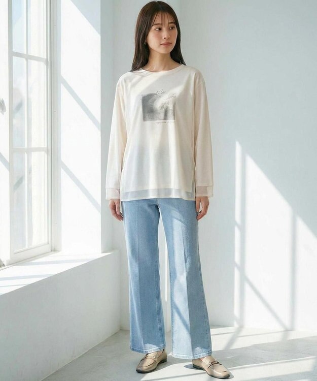 ANY SIS 【貴島明日香さんコラボ】チュールレイニャード猫 Tシャツ アイボリー×フォト