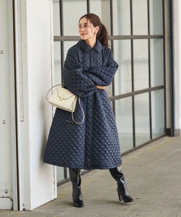 #Newans 【セレモニーにも】〈亀恭子さんコラボ〉キルティングロングコート ネイビー
