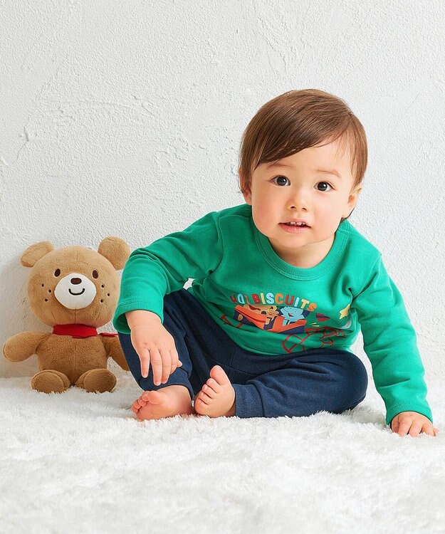 MIKI HOUSE HOT BISCUITS 【80-120cm】ミニ裏毛パイル素材 ジェットコースター柄 ルームウェアセット フォレストグリーン