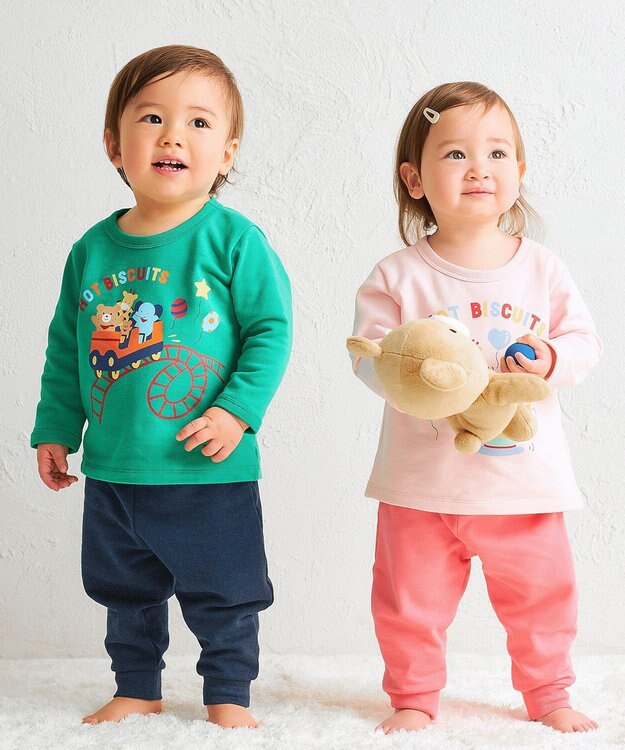 MIKI HOUSE HOT BISCUITS 【80-120cm】ミニ裏毛パイル素材 ジェットコースター柄 ルームウェアセット フォレストグリーン