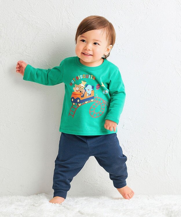 MIKI HOUSE HOT BISCUITS 【80-120cm】ミニ裏毛パイル素材 ジェットコースター柄 ルームウェアセット フォレストグリーン