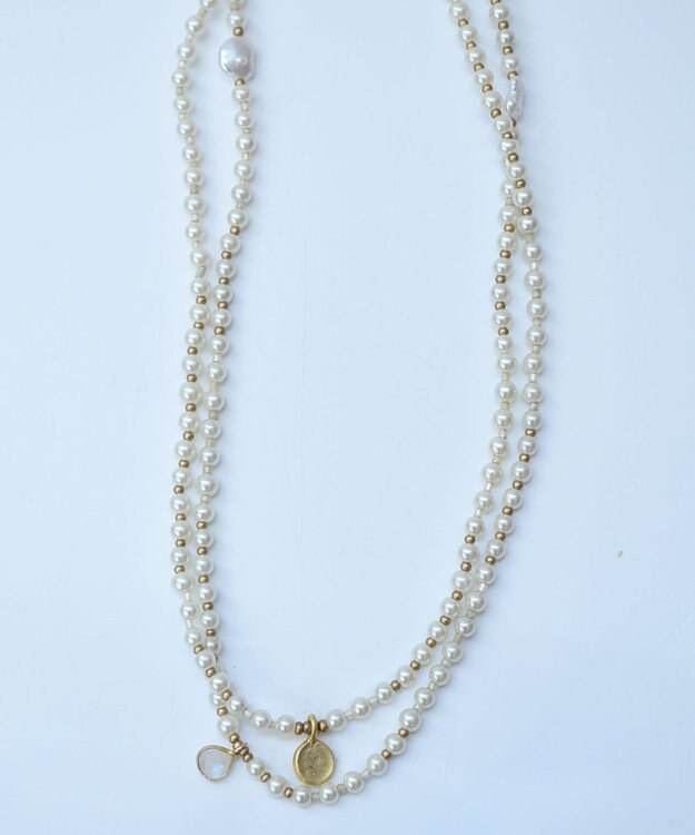 monshiro 【2WAY】ムーンストーンチャーム×ガラスパールロング ネックレス ホワイト×ゴールド