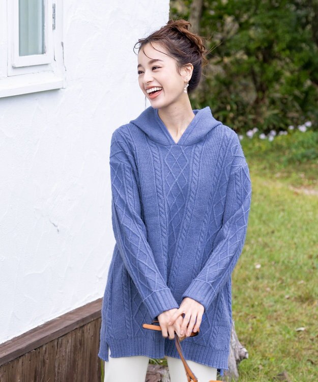 Tiaclasse 【洗える】アラン柄ニットパーカーチュニック ブルー