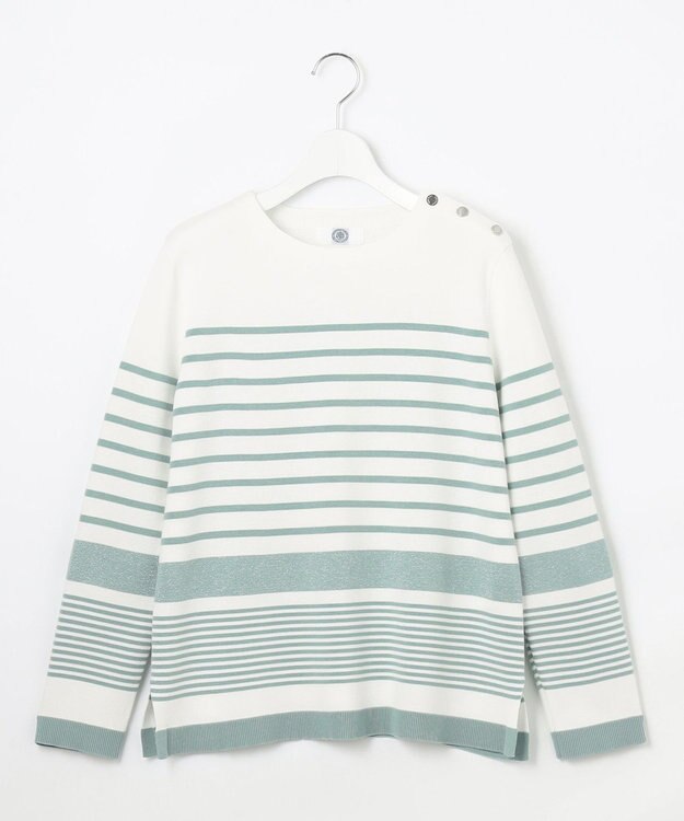 J.PRESS LADIES L 【洗える】Cotton Acetate パネルボーダー プルオーバー ニット セージグリーン系1