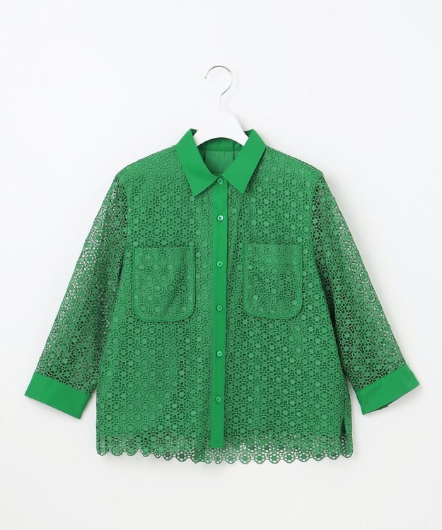 自由区 【ドラマ「明日はもっと いい日になる」着用】【洗える】ジオメトリックフラワーレースクロップド丈シャツ ブラウス グリーン