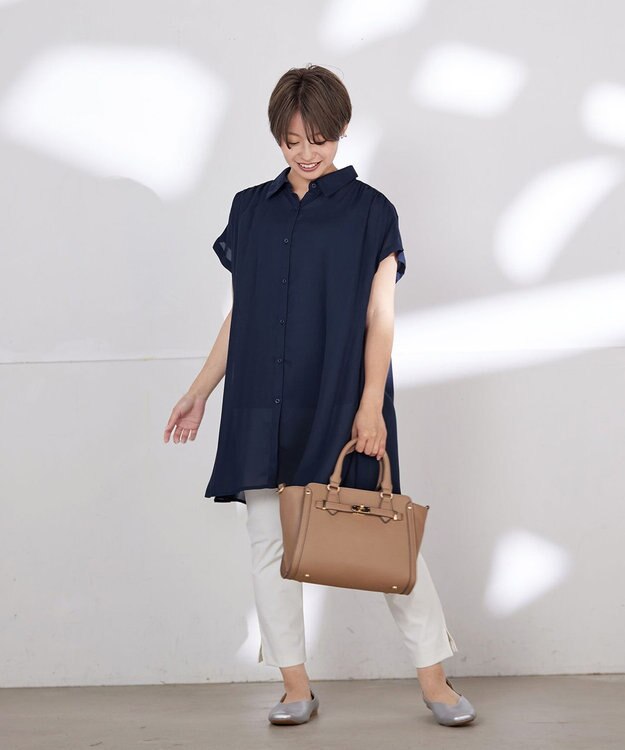 Tiaclasse 【洗える】フレンチスリーブシャツチュニックブラウス ネイビー