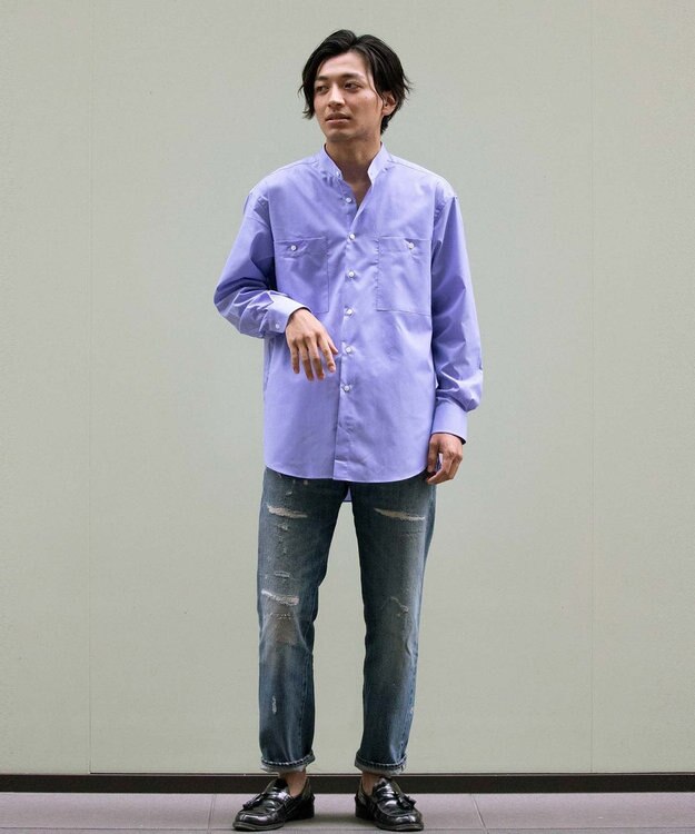 KASHIYAMA GIZA 100/2 バンドカラーシャツ ブルーシャンブレー