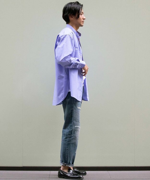 KASHIYAMA GIZA 100/2 バンドカラーシャツ ブルーシャンブレー