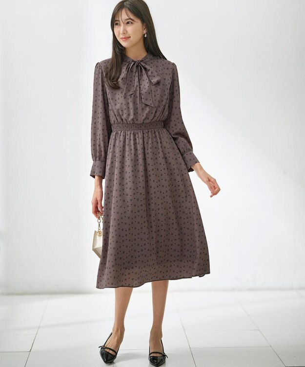 ANY SIS 【洗える】2WAYボウプリント ワンピース チャコール系